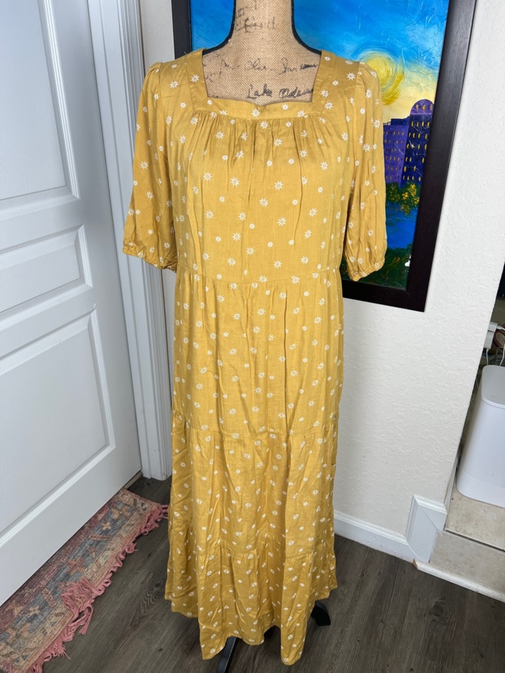 Mustard Yellow Floral Square-Neck Maxi Dress
